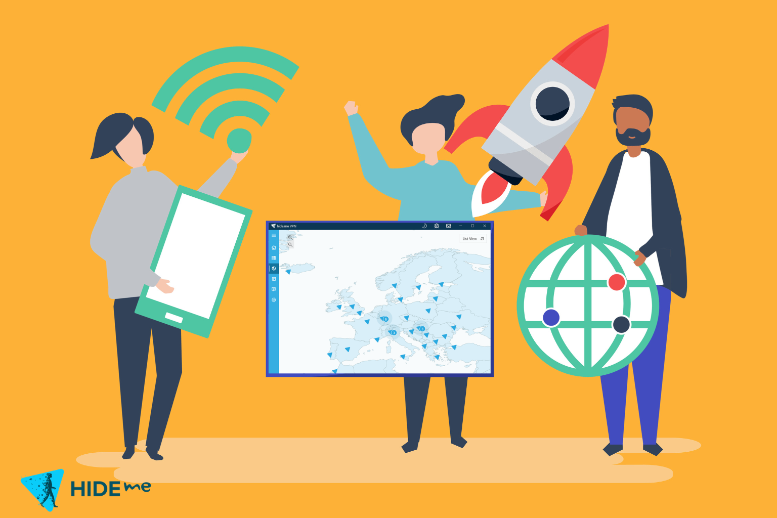 People with technology and connectivity symbols High Speed VPN