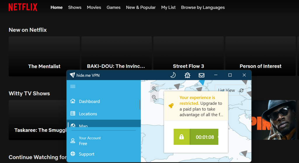 Screenshot of Netflix streaming while connected to hide.me VPN free account